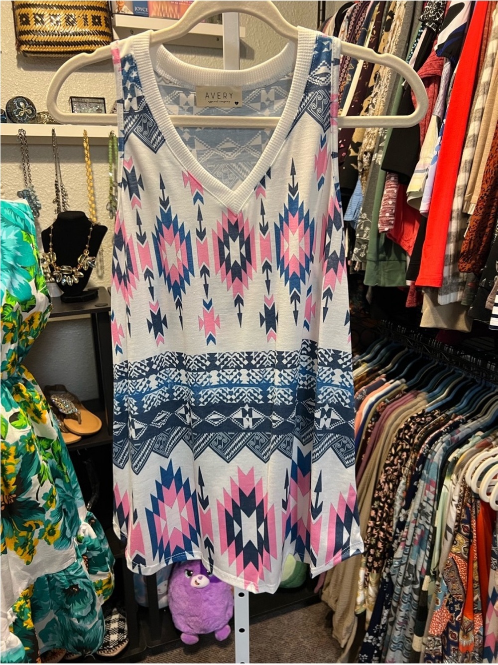 Avery White Tank with Pink & Blue Aztec Print - Picture 2 of 5